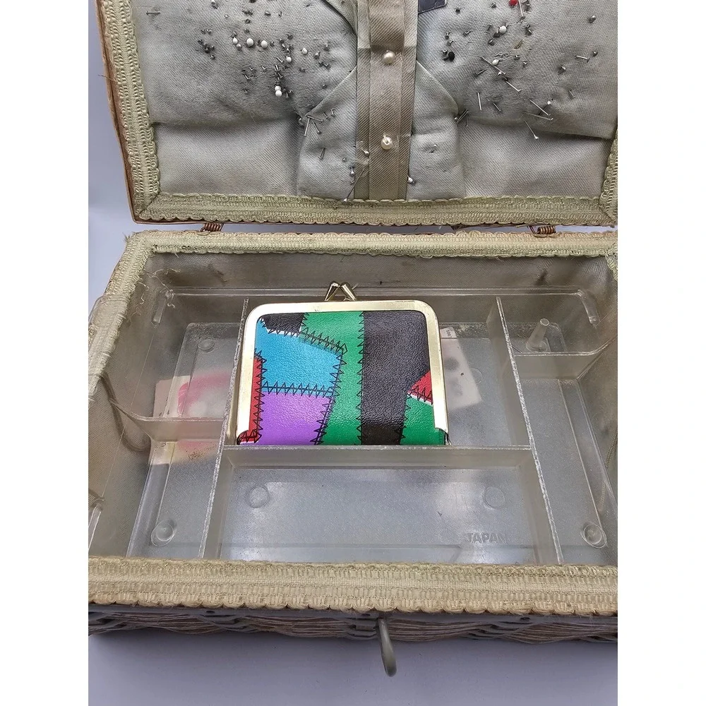 Vintage Wicker Sewing Basket with Removable Tray and Patchwork Purse Sewing Kit